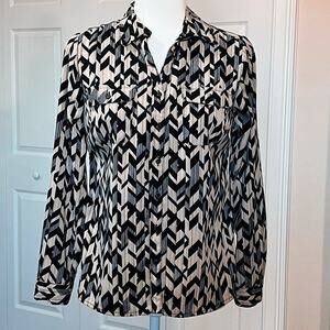 Kim Rogers SP black & tan white geometric print top blouse Business casual